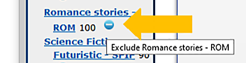 Romance stories listed as ROM with a round negative sign and an arrow pointing to it